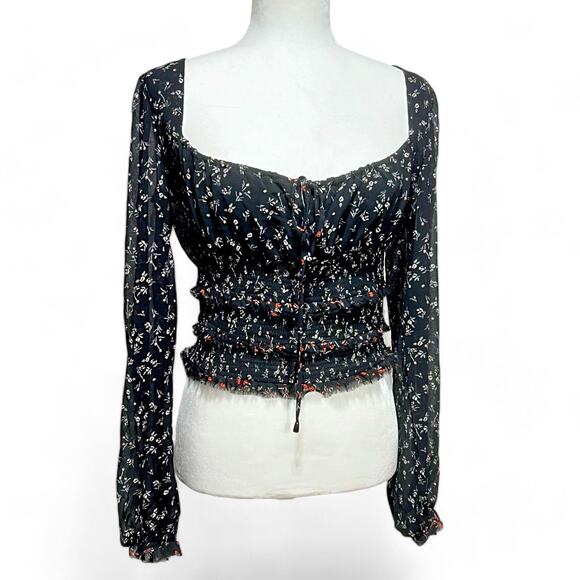Free People Crop Top Black Small Long Sleeve Boho Tunic Blouse Floral Ruffled - Picture 4 of 10